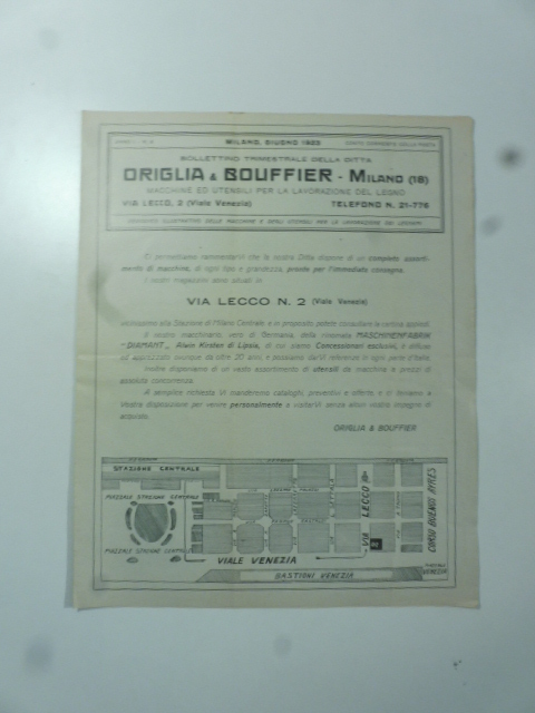 Origlia & Bouffier. Macchine ed utensili per la lavorazione del legno. Bollettino trimestrale giugno 1923